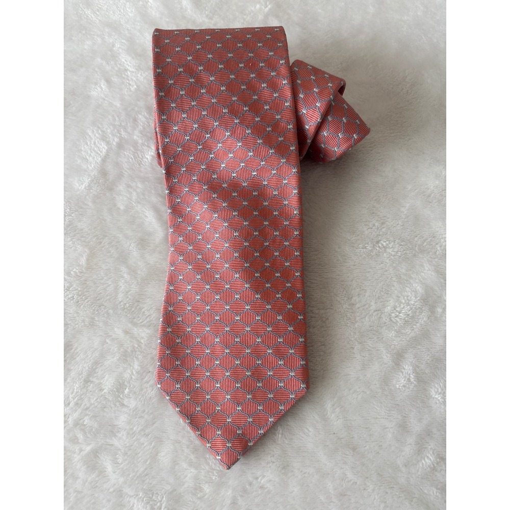 Brooks‎ Brothers 346 Mens Silk Tie Coral Pink Blue Geometric Trellis Made in USA